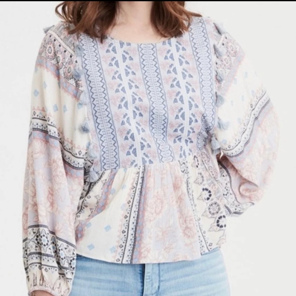 American Eagle XL Boho print Puff Sleeve Embroidered long sleeve top